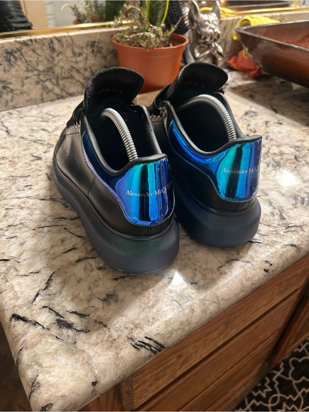 Alexander McQueen Black Leather Sneakers with Blue Heel Tab - Picture 3 of 4